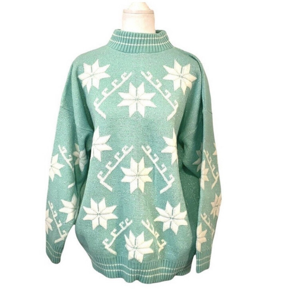 Vintage Honors Light Blue Fairy Kei Snowflake Metallic Knit Pullover Sweater